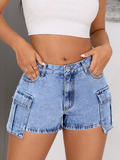 Mid-Rise Waist Denim Shorts with Pockets.