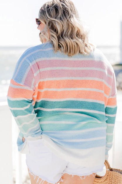 Chic multicolor striped plus size crewneck sweater