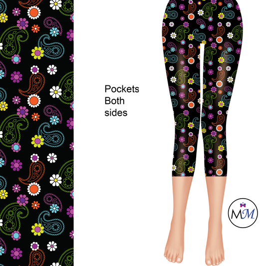 Black Paisley Colorful Capri Length Leggings with pockets MM