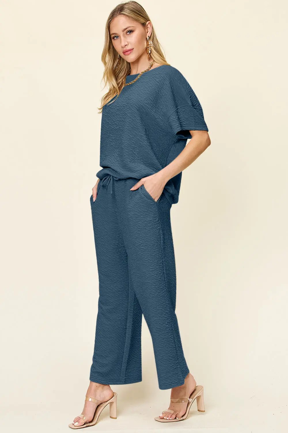 Double Take Full Size Texture Short Sleeve Top and Pants Set - Love Salve