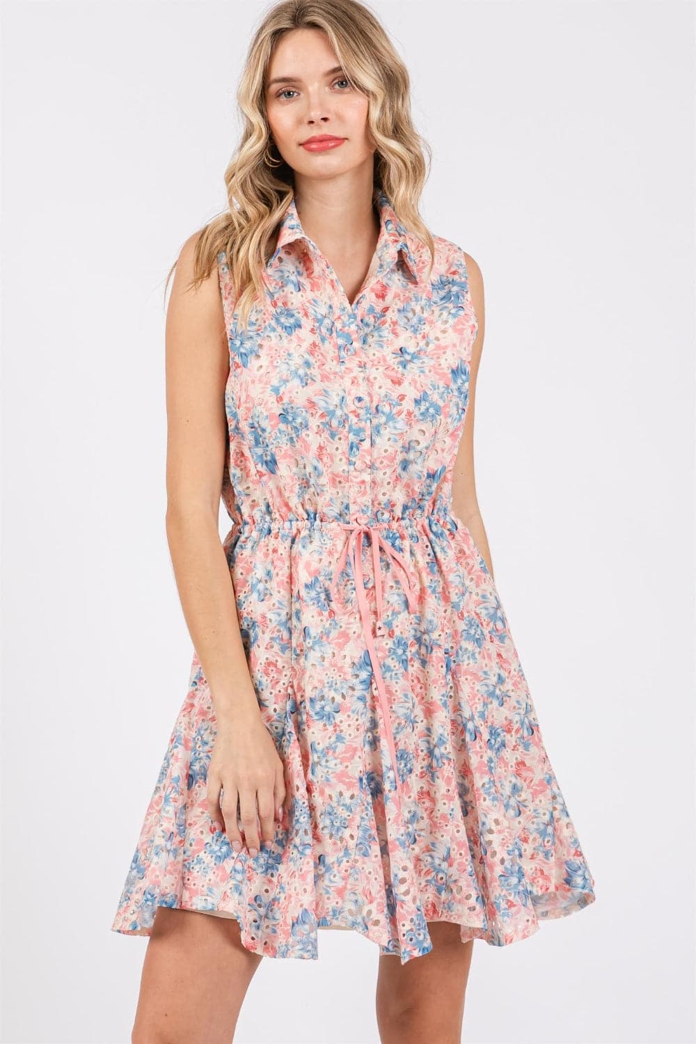 GeeGee Full Size Floral Eyelet Sleeveless Mini Dress.