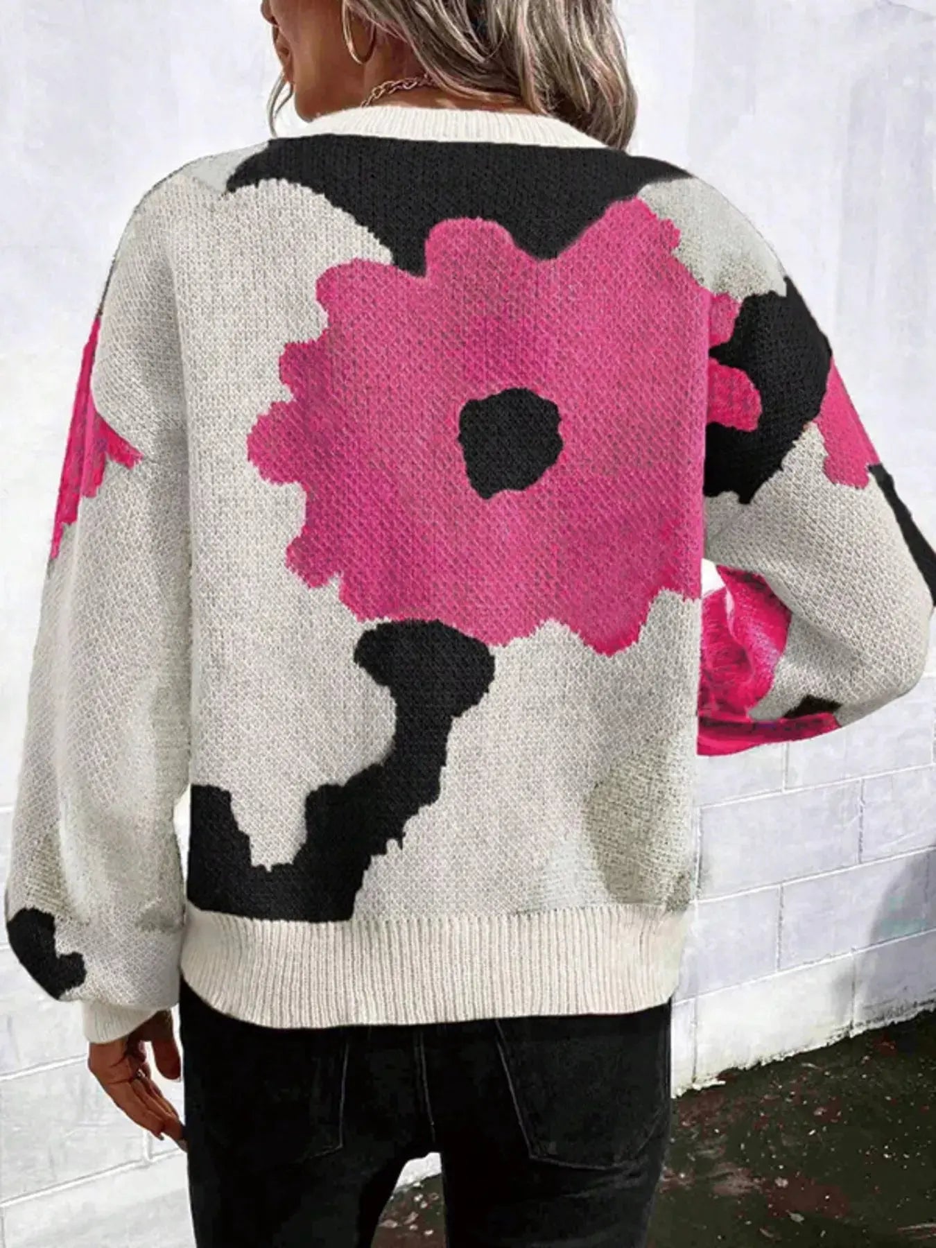 Floral Pattern Round Neck Sweater Simply Love