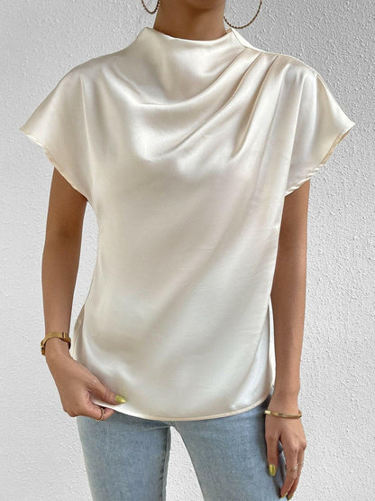 Ruched Mock Neck Short Sleeve Blouse.