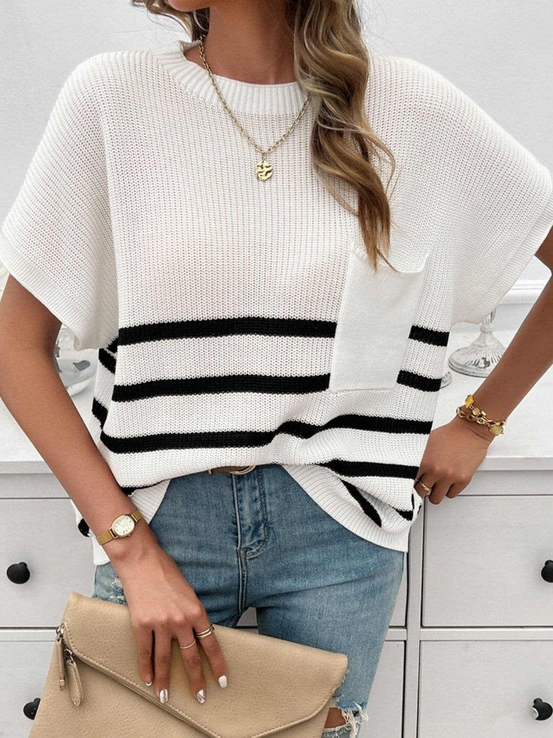 Striped Round Neck Short Sleeve Sweater.