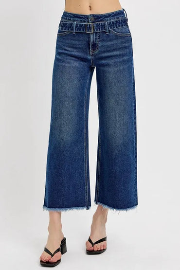 Risen Raw Hem Wide Leg Attached Buckle Jeans - Love Salve 