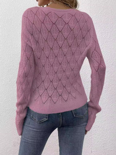 Chic openwork v-neck sweater with long sleeves