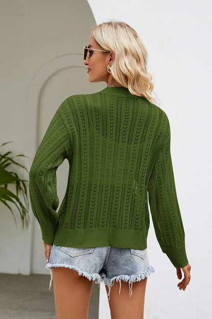 Openwork Button Front V-Neck Cardigan.