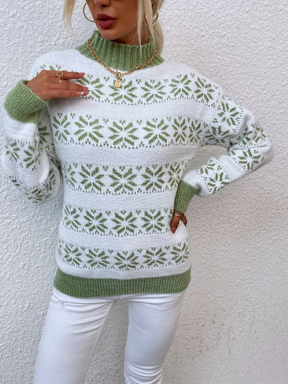 Snowflake Pattern Mock Neck Sweater.