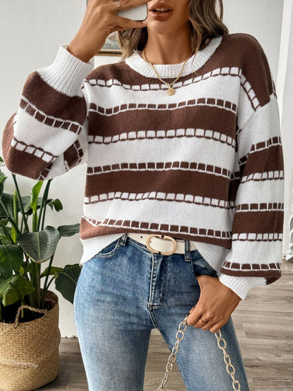 Chic striped long sleeve sweater with round neck