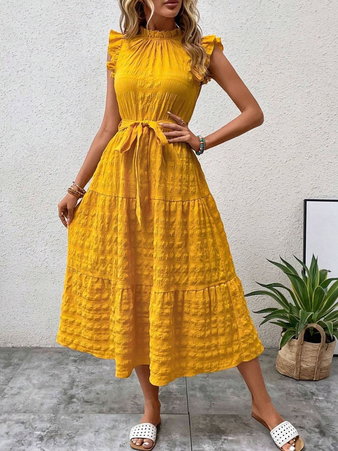 Tied Ruffled Cap Sleeve Midi Dress.