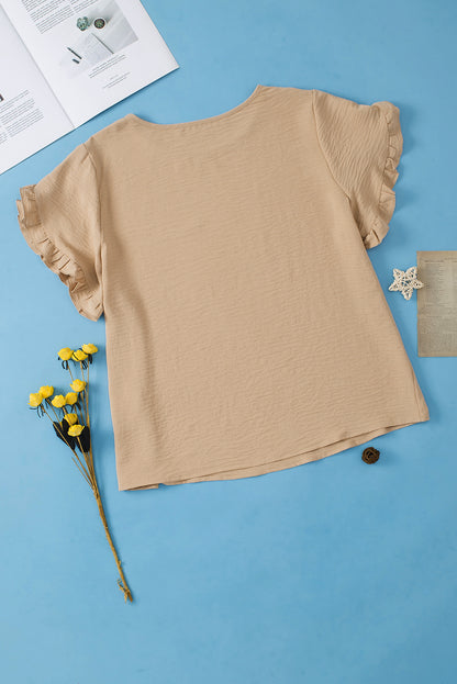 Chic ruffled short sleeve top in light beige for plus sizes