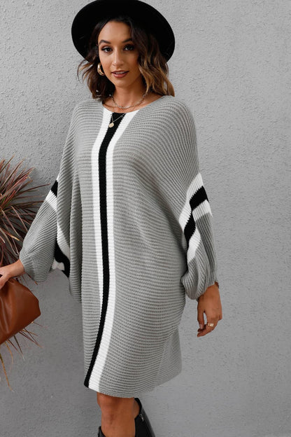 Ribbed Round Neck Long Sleeve Sweater Dress.