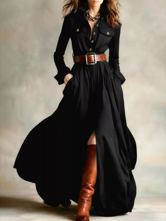 Button Front Long Sleeve Maxi Dress Simply Love