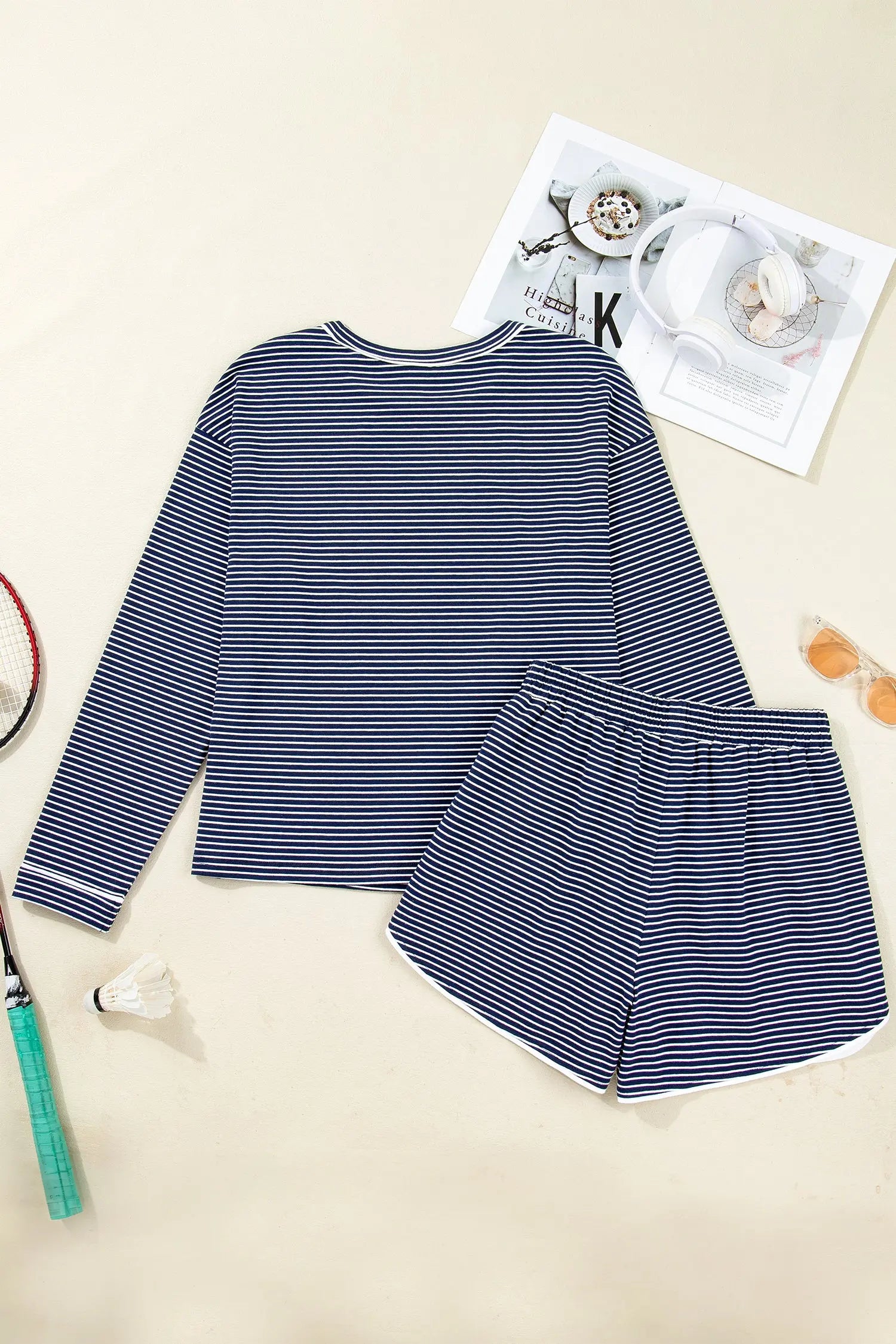 Blue Stripe Drop Shoulder Long Sleeve Tee And Buttoned Shorts Lounge Set 2pcs Dear-Lover Dropshipping