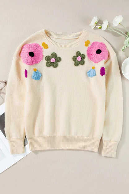 Plus Size Crochet Flower Round Neck Long Sleeve Sweater