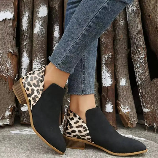 Leopard Print PU Leather Pointed Toe Ankle Boots With Low Block Heel Simply Love
