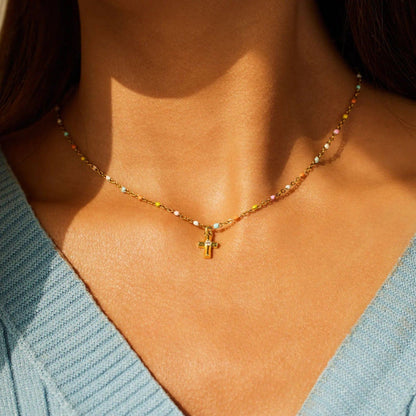 Inlaid Zircon 18K Gold-Plated Cross Bead Necklace.