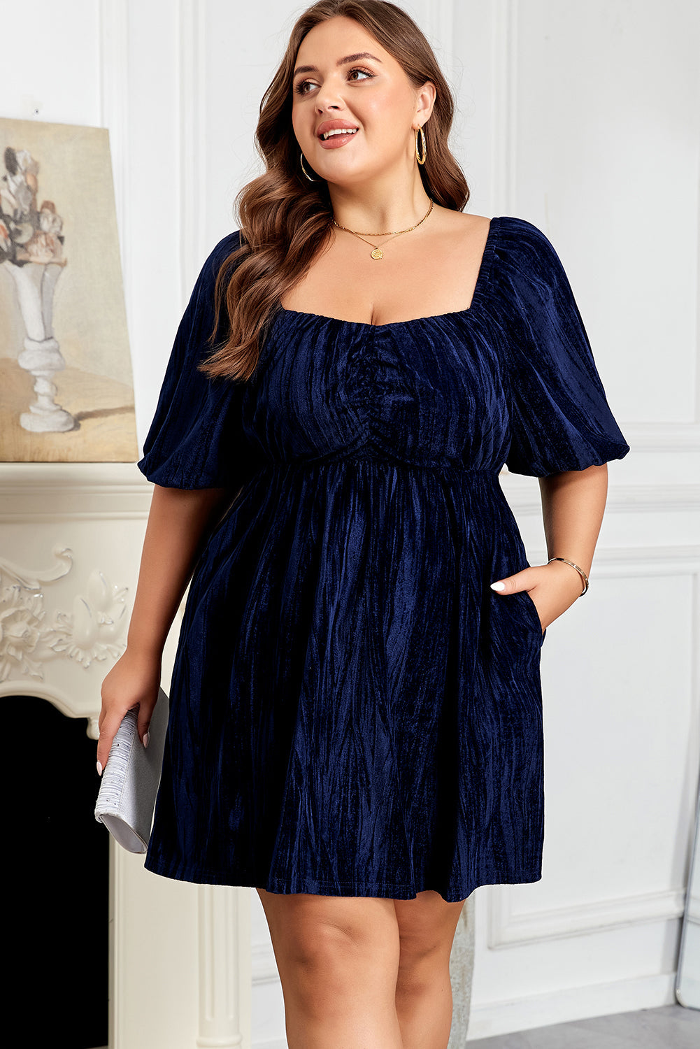 Navy Velvet Ruched Bust Square Neck Short Puff Sleeve Dress Dear-Lover Dropshipping