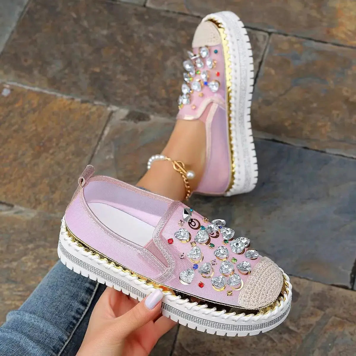 Rhinestone Decor Platform Loafers Simply Love