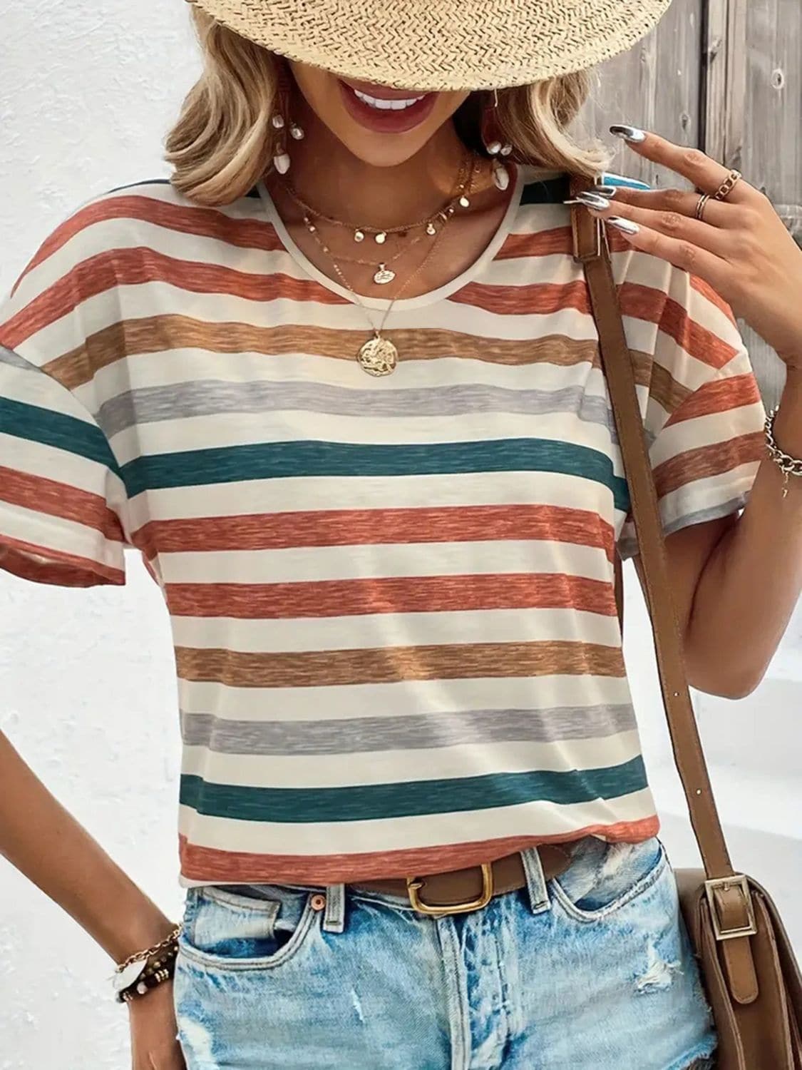 Striped Round Neck Short Sleeve T-Shirt.