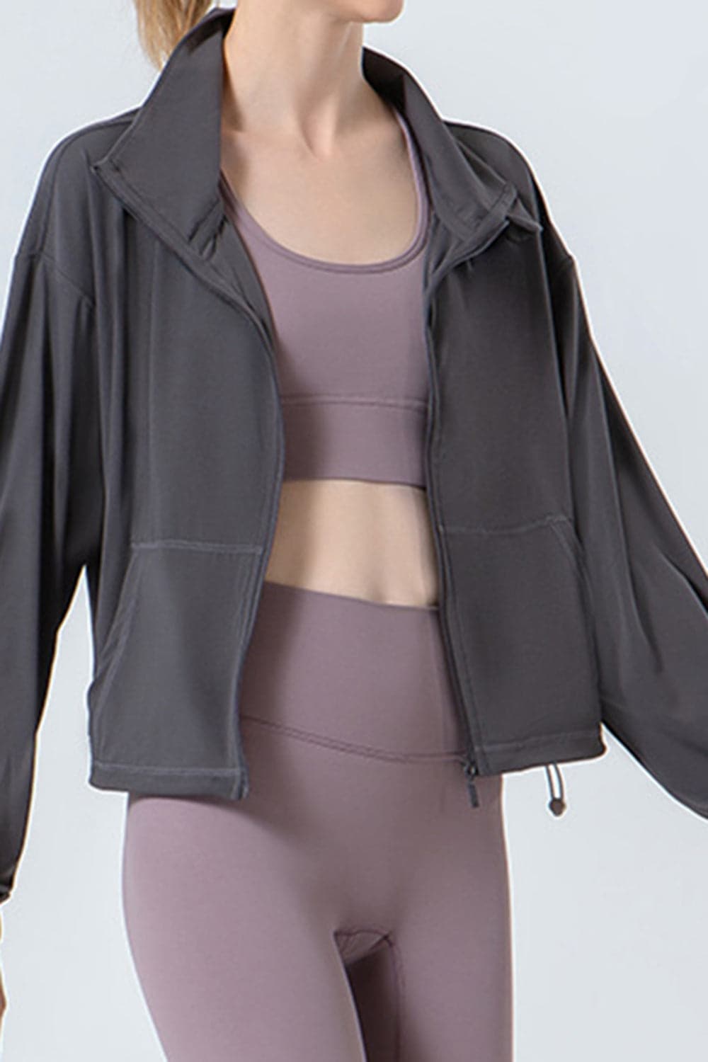 Drawstring Zip Up Dropped Shoulder Active Outerwear.