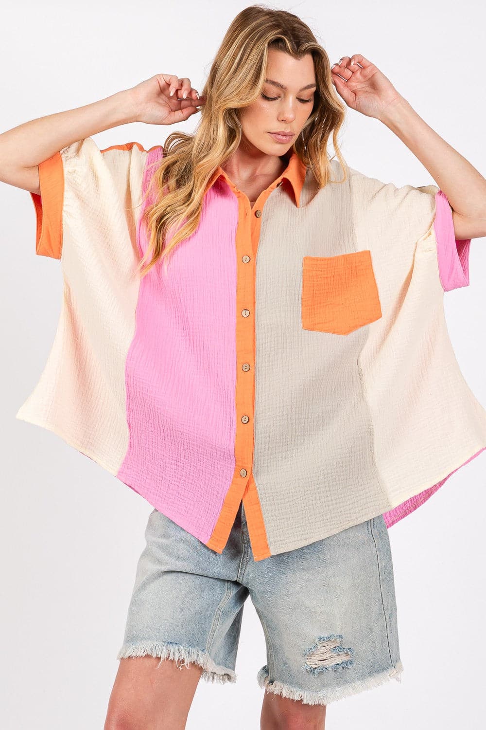 SAGE + FIG Full Size Color Block Button-Down Shirt.