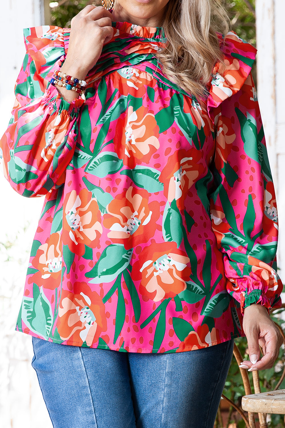 Chic plus size rose floral pleated blouse with ruffled neckline