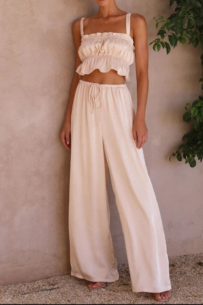 Ruffled Sleeveless Top and Wide Leg Pants Set.