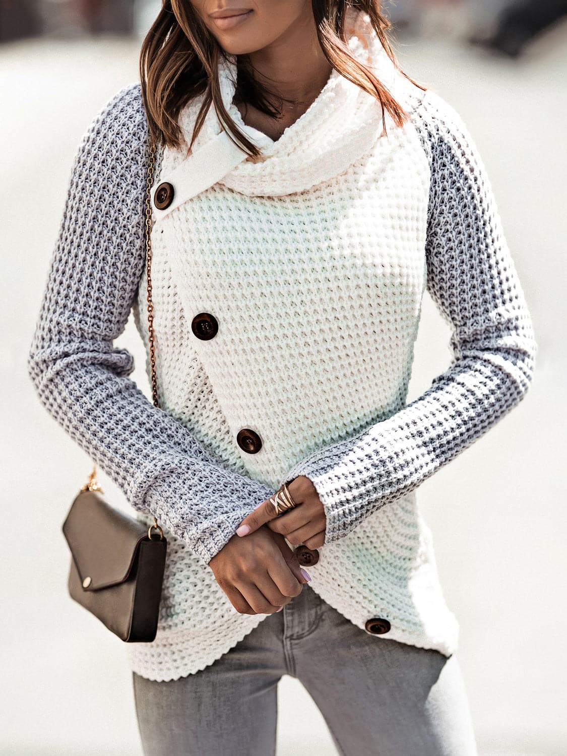 Contrast Decorative Button Turtleneck Sweater.