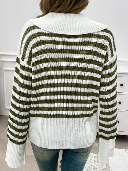 Striped Collared Neck Long Sleeve Sweater.