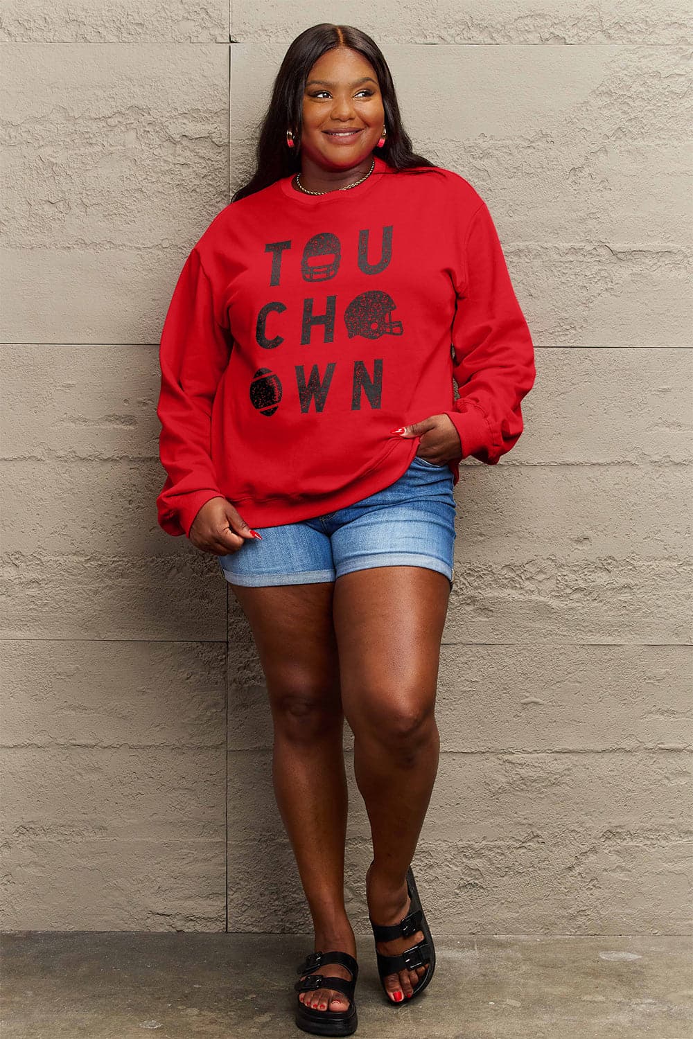 Simply Love Full Size TOUCHDOWN Long Sleeve Sweatshirt.