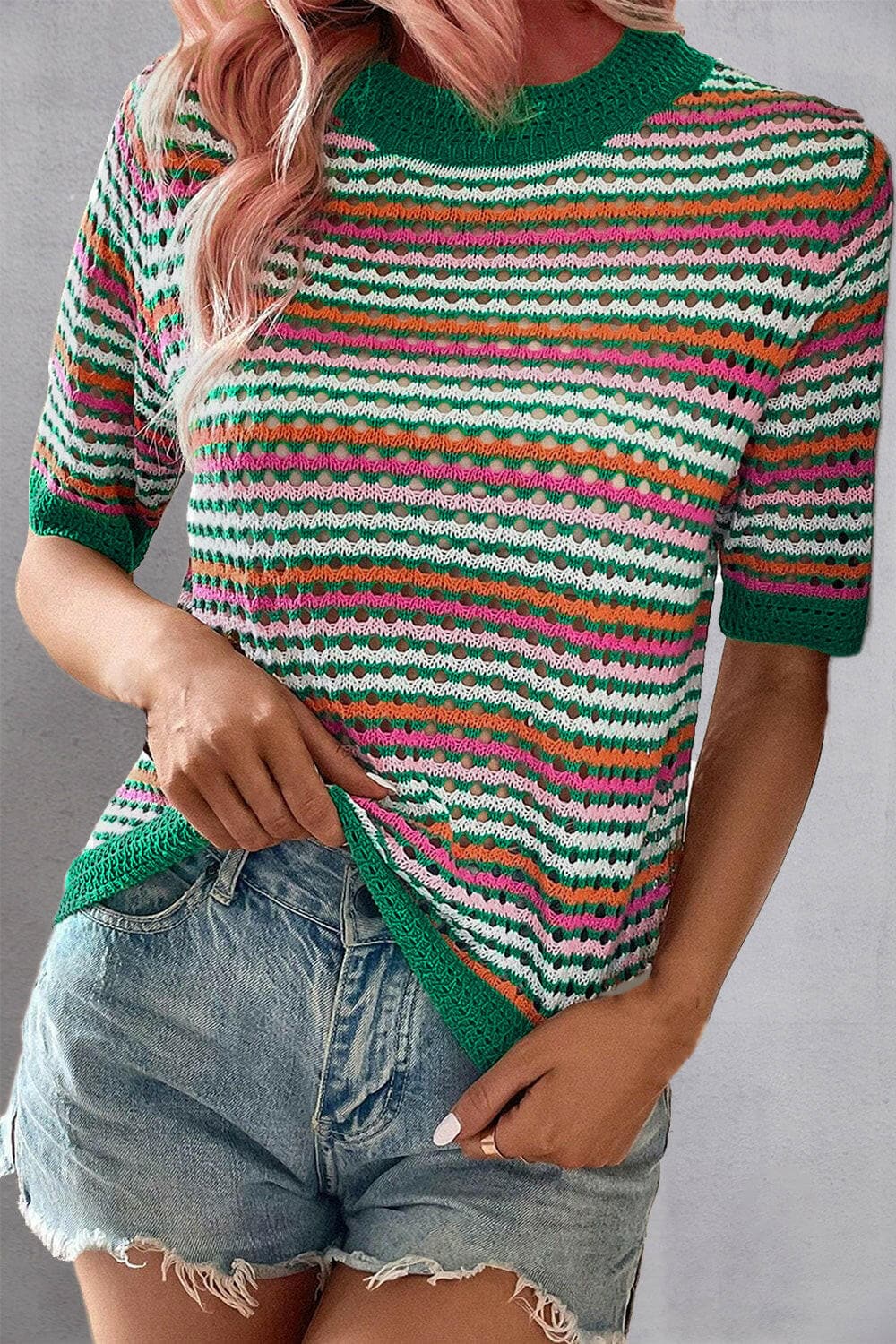 Openwork Striped Short Sleeve Knit Top.