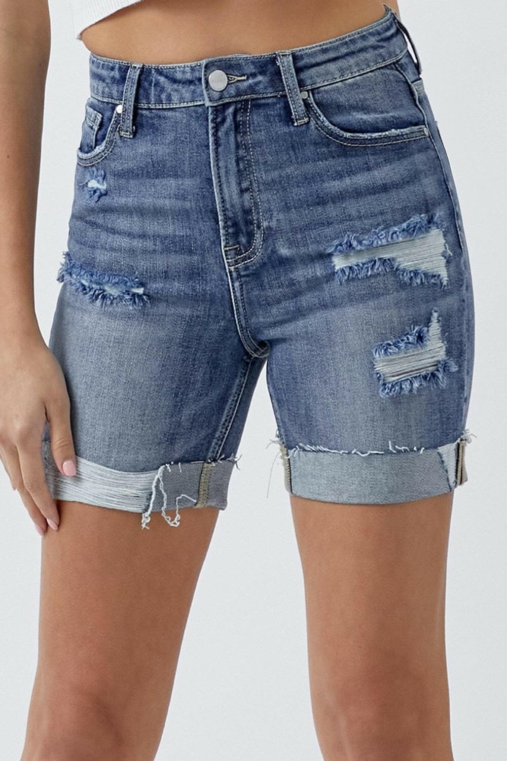 RISEN Full Size Distressed Rolled Denim Shorts with Pockets.