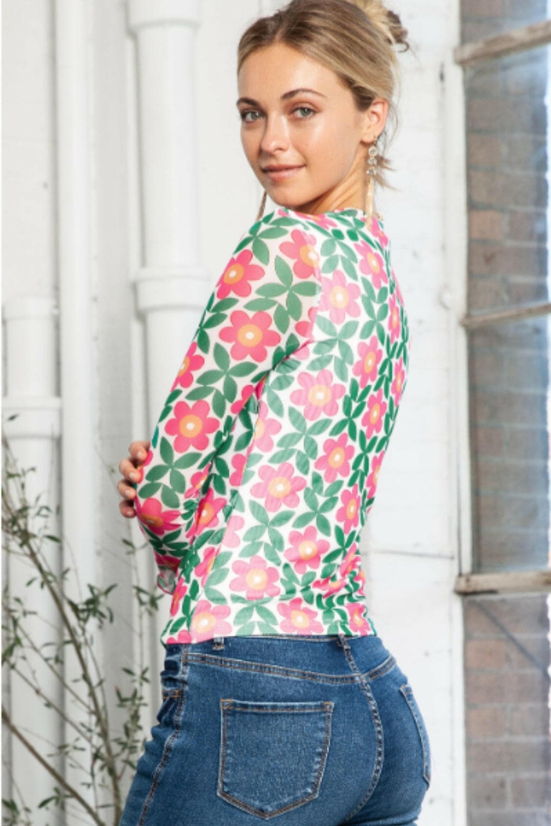 Floral Round Neck Long Sleeve Top.