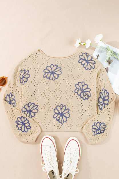 Beige floral eyelet drop shoulder sweater with contrast print