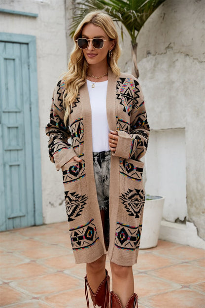 Pocketed Geometric Open Front Dropped Shoulder Cardigan.