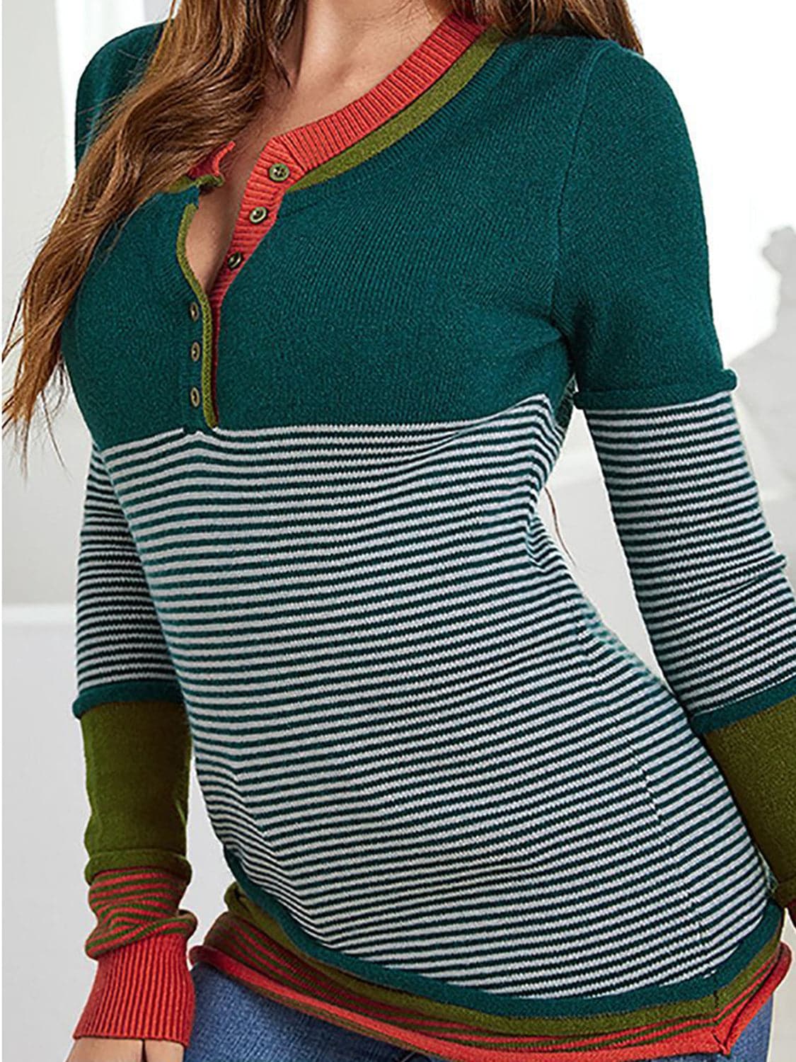 Striped Contrast Notched Long Sleeve Sweater.