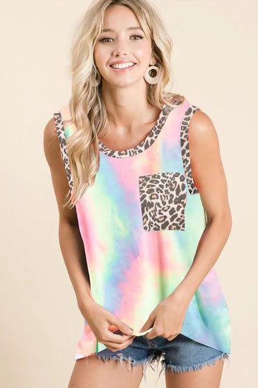 BiBi Sleeveless Tie Dye Top With Leopard Band - Love Salve 