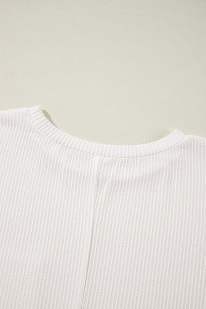 Chic white ribbed long sleeve plus size t-shirt with pocket detail