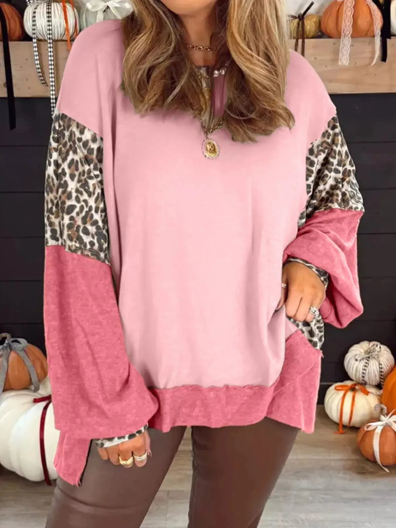Color Block Leopard Round Neck Sweatshirt Simply Love