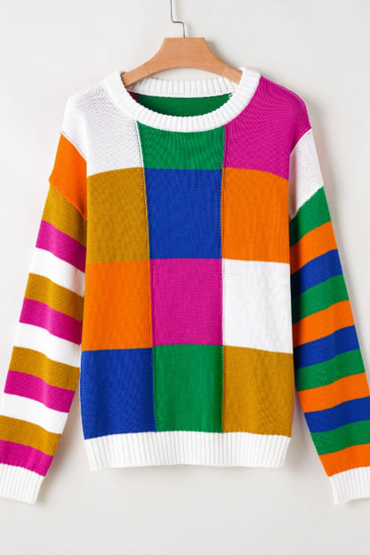 Color Block Round Neck Long Sleeve Sweater