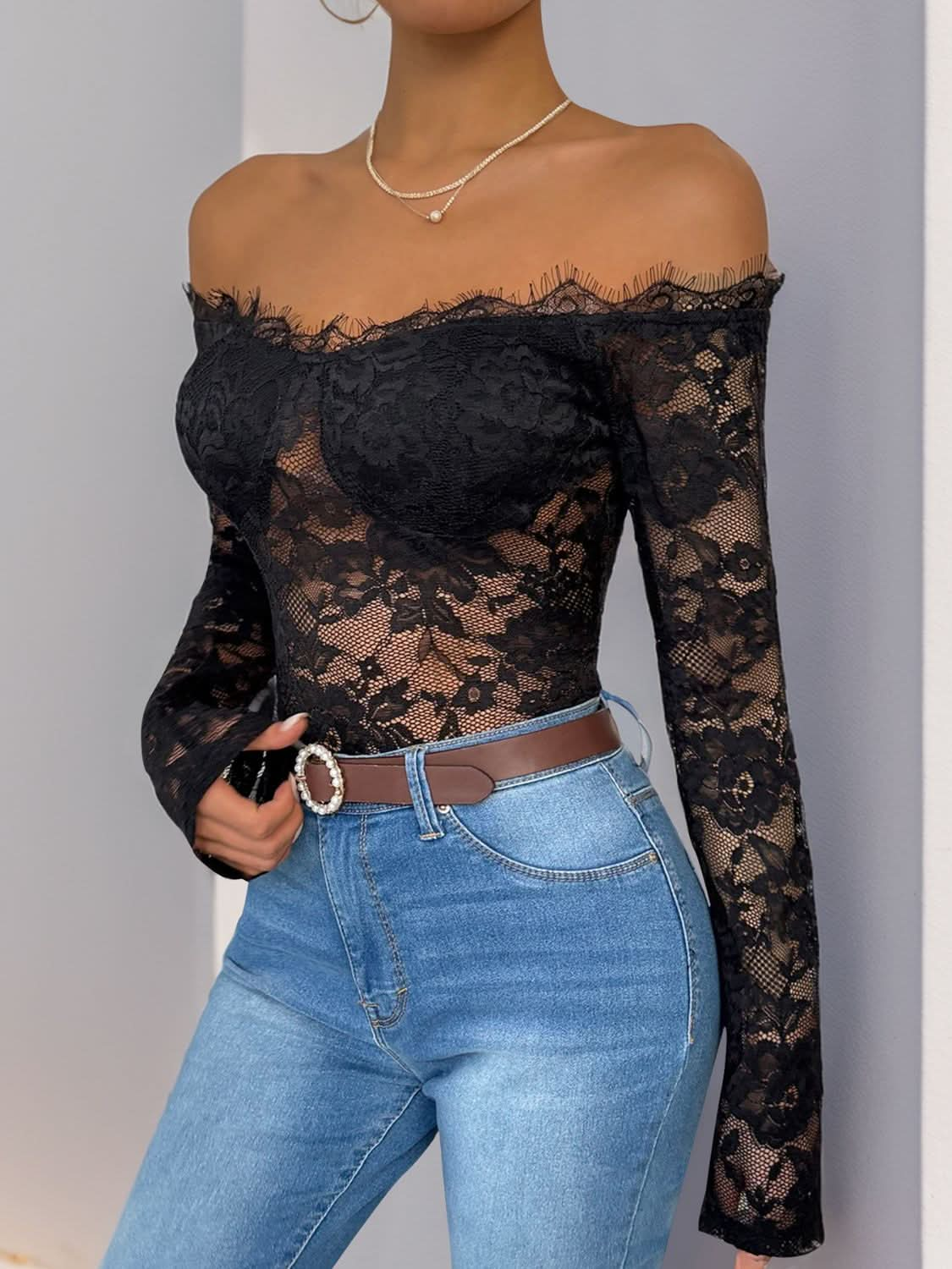 Lace allure off-shoulder bodysuit with long sleeves