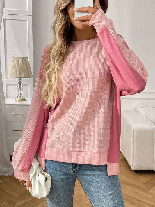 Color Block Waffle Knit Long Sleeve T-Shirt Simply Love