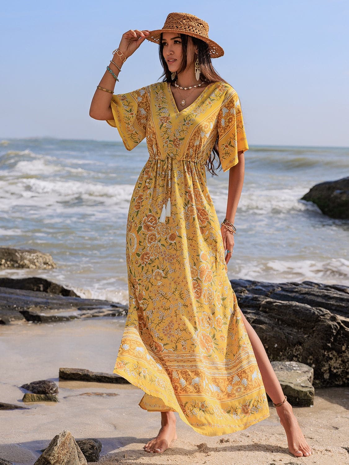 Drawstring Printed Plunge Half Sleeve Dress.