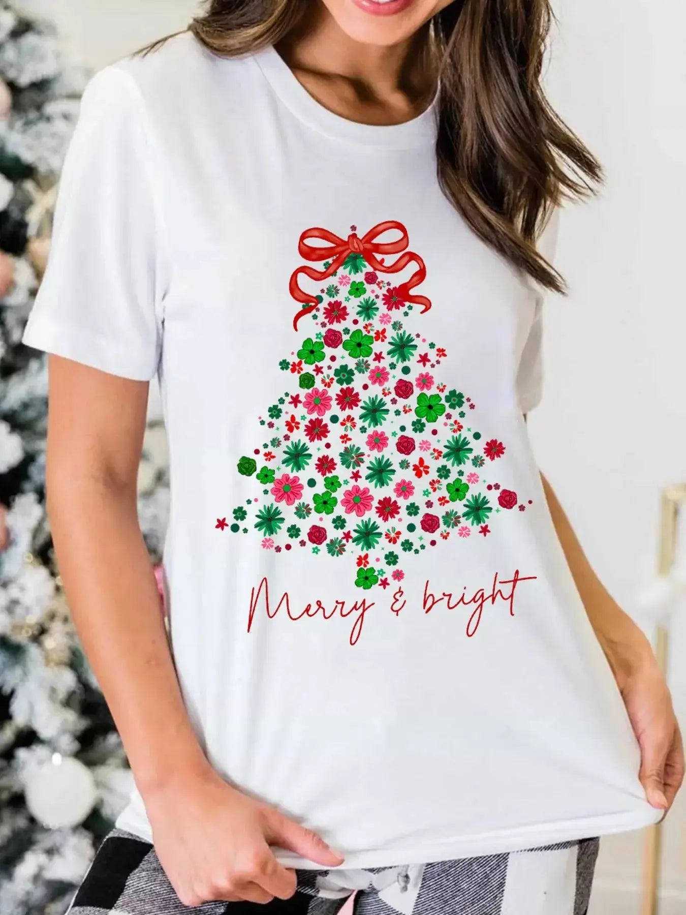 Merry And Bright Floral Christmas Tree Graphic Tee Simply Love