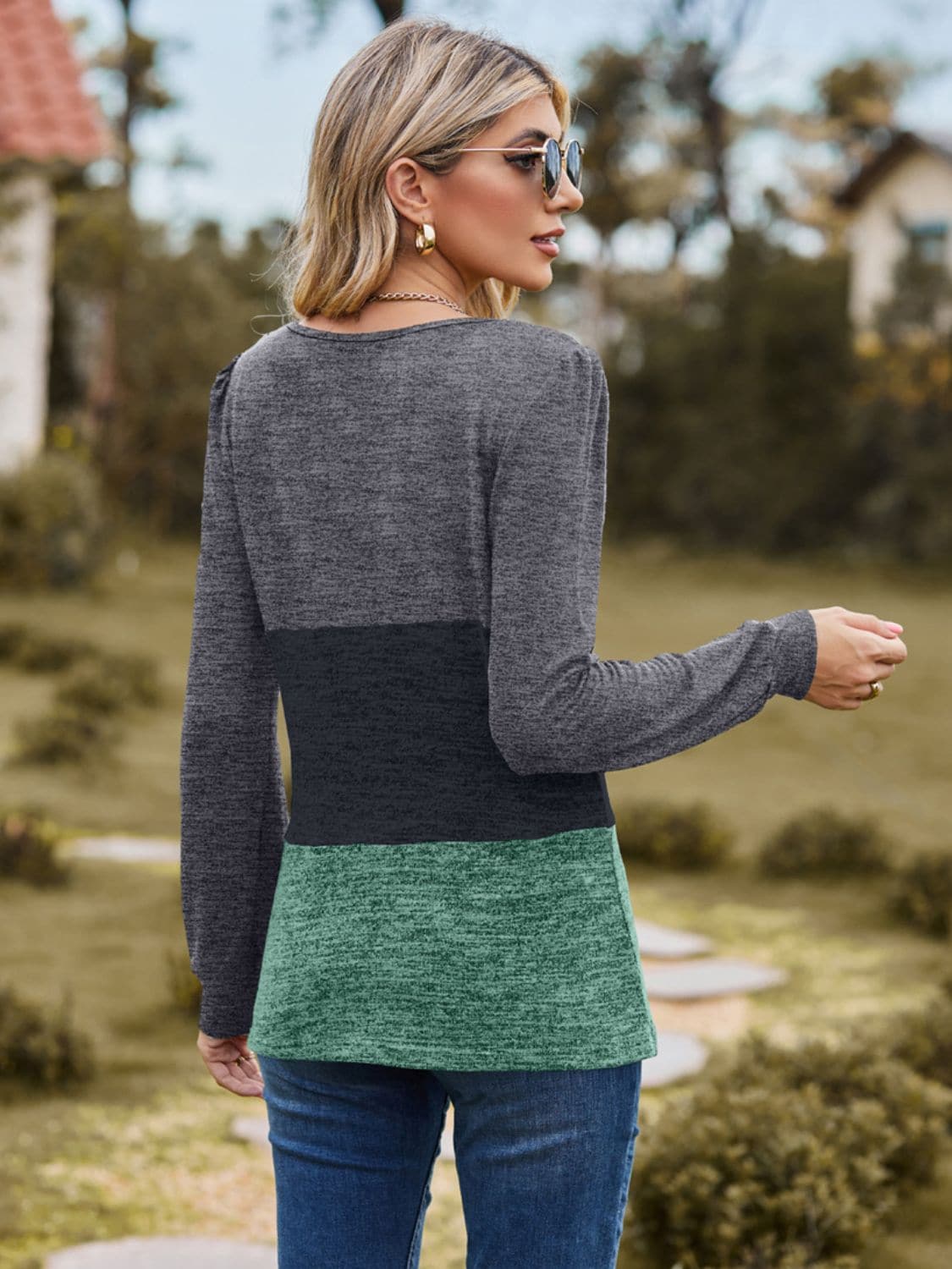 Chic color block square neck long sleeve top