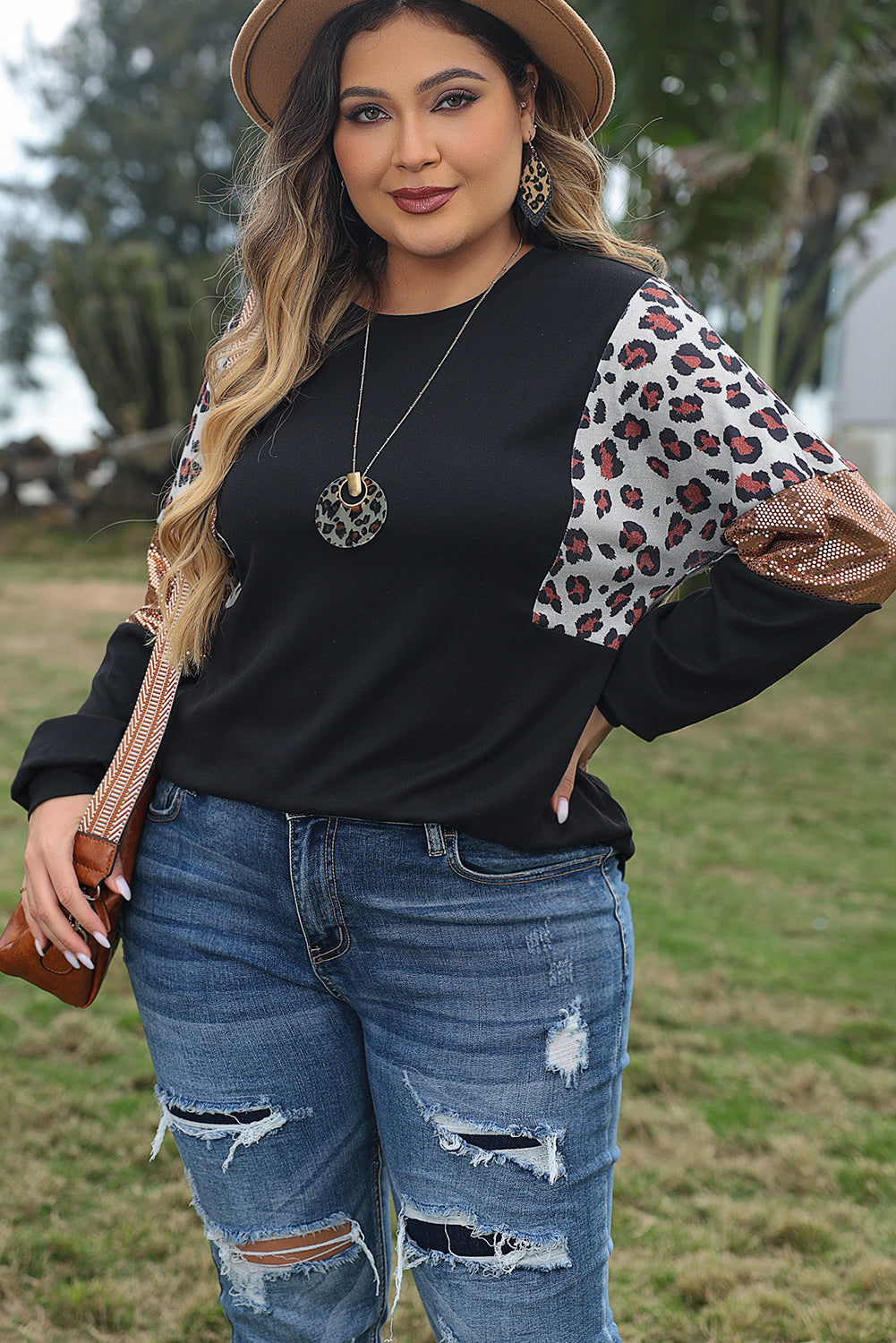 Leopard print sequin accent plus size long sleeve pullover