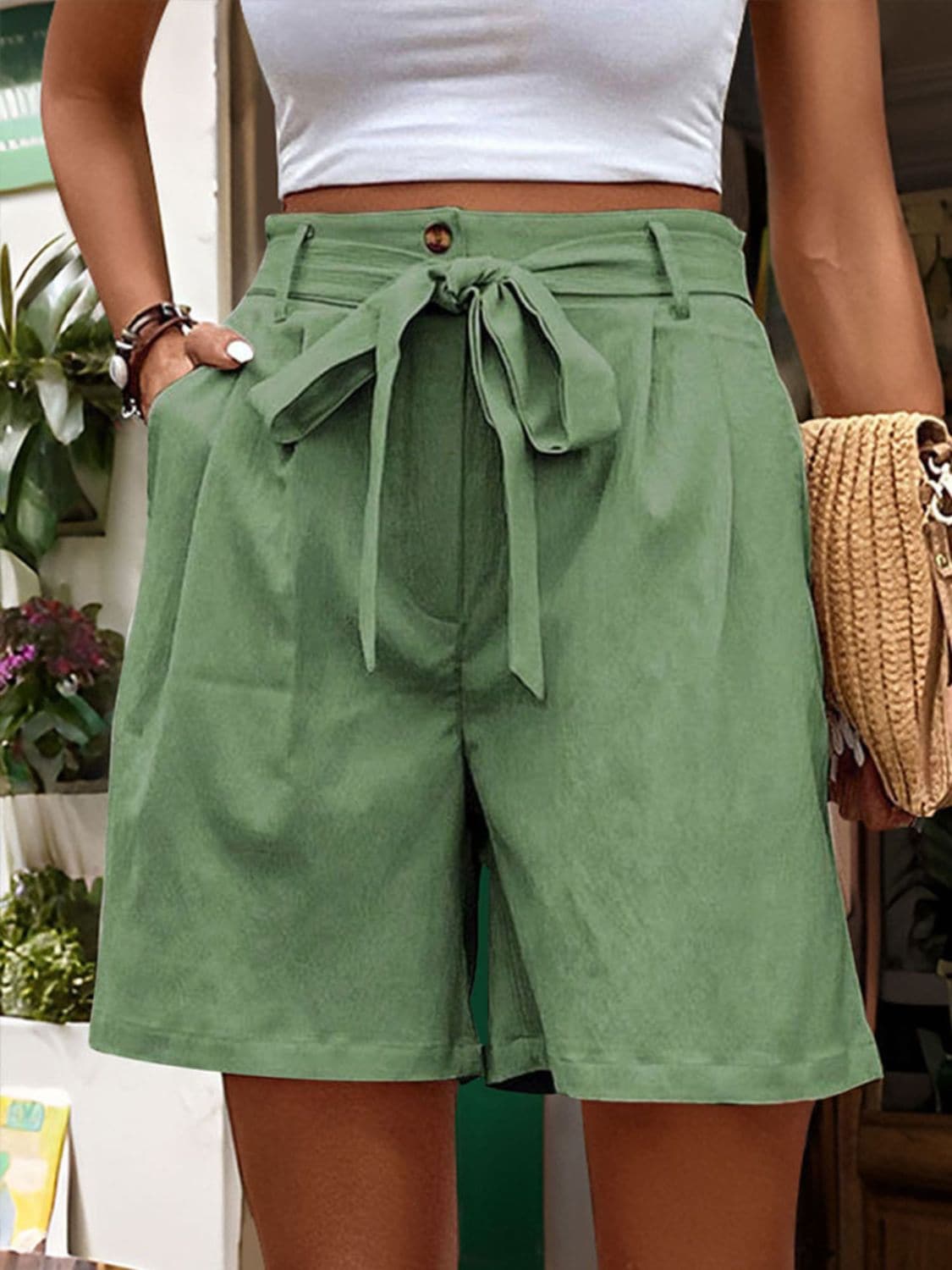 Tied High Waist Shorts with Pockets.