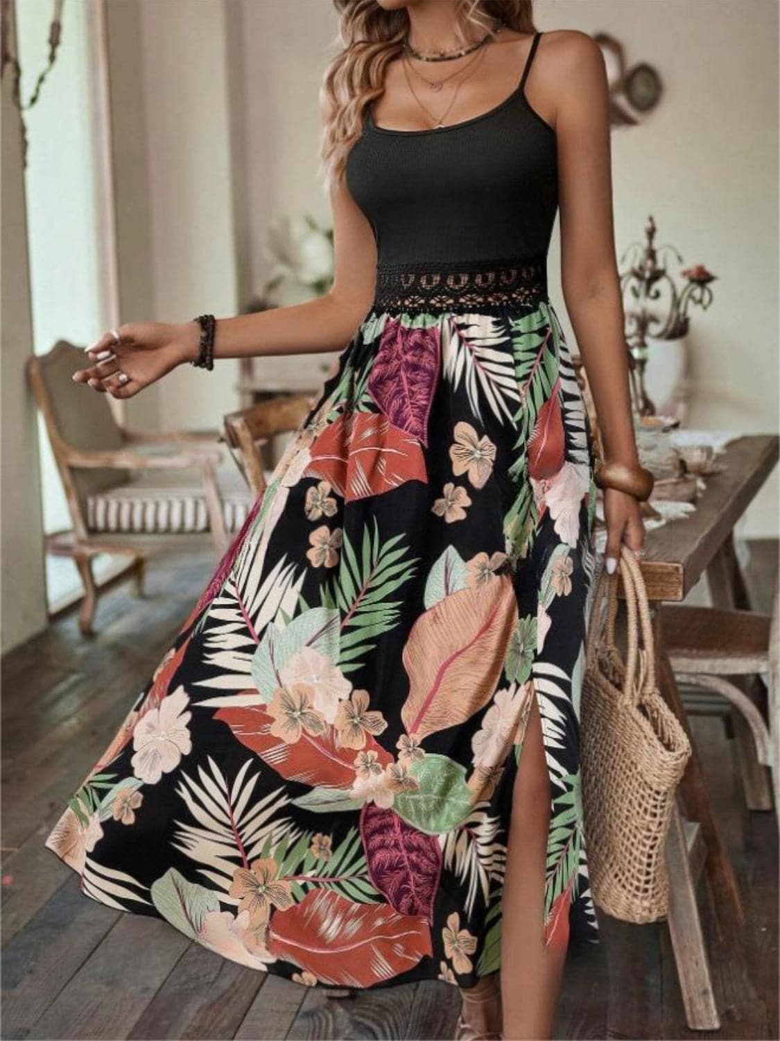 Slit Printed Scoop Neck Cami Dress.