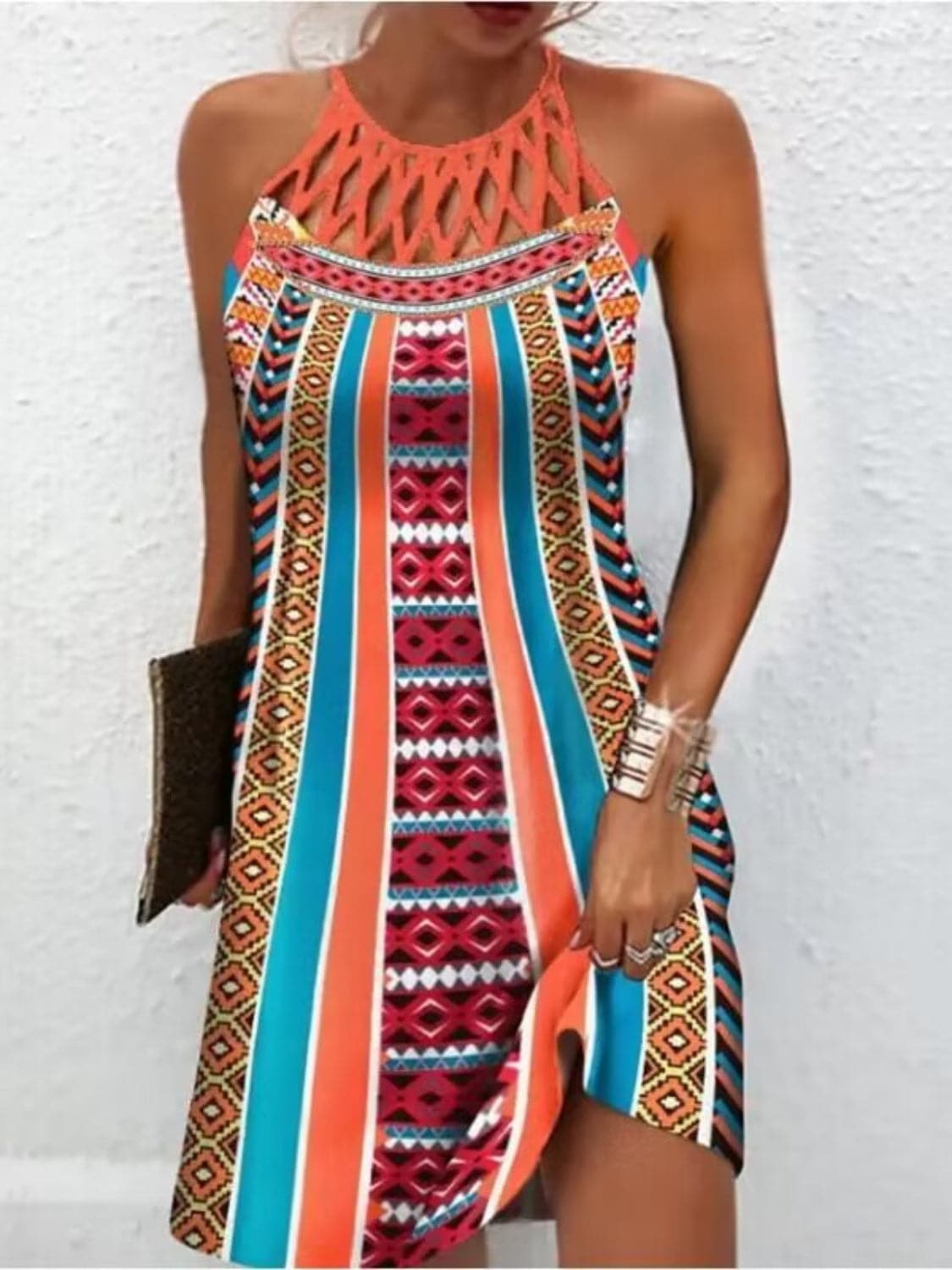 Printed Grecian Neck Mini Dress.